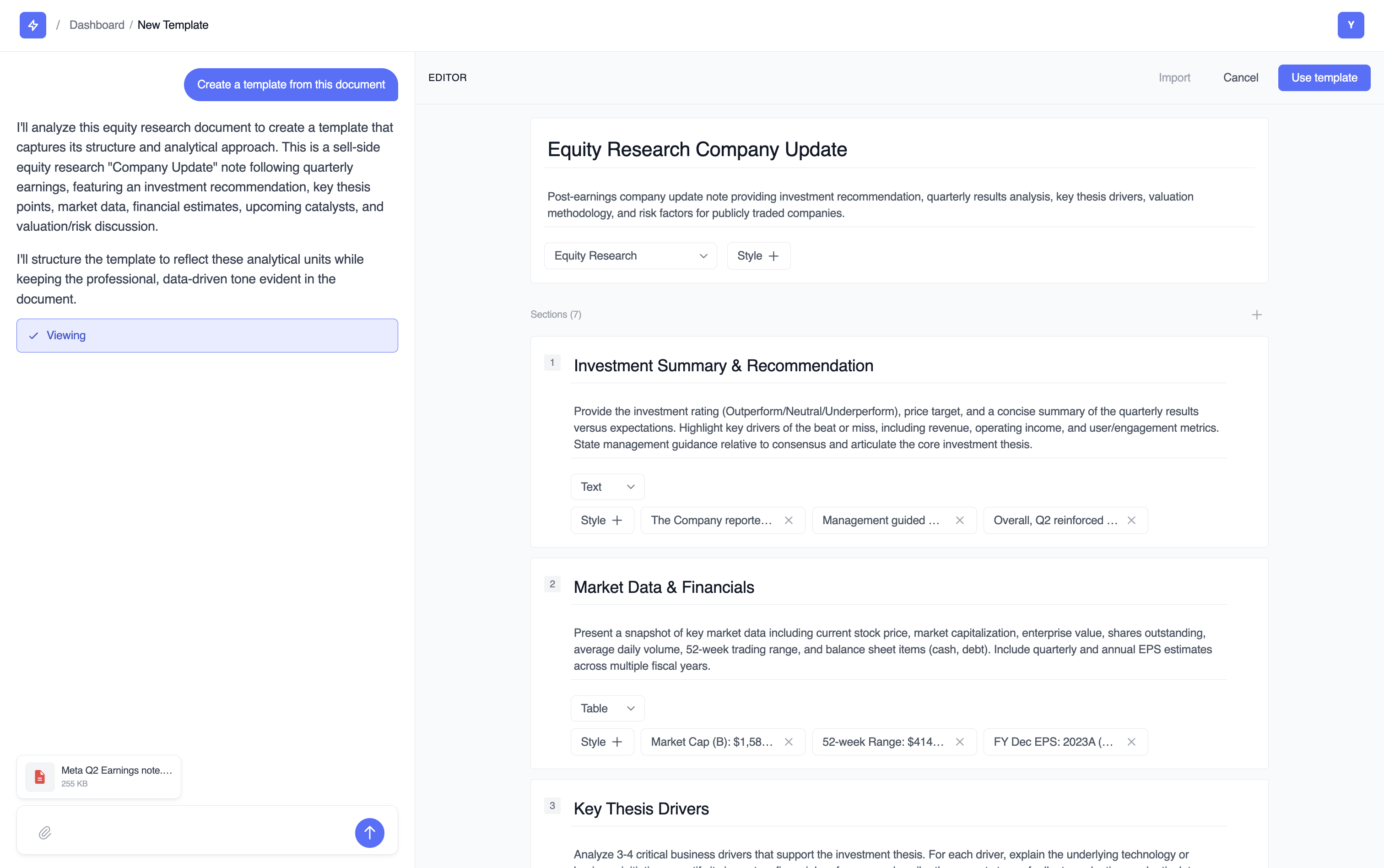 Template editor showing an Equity Research report with structured sections