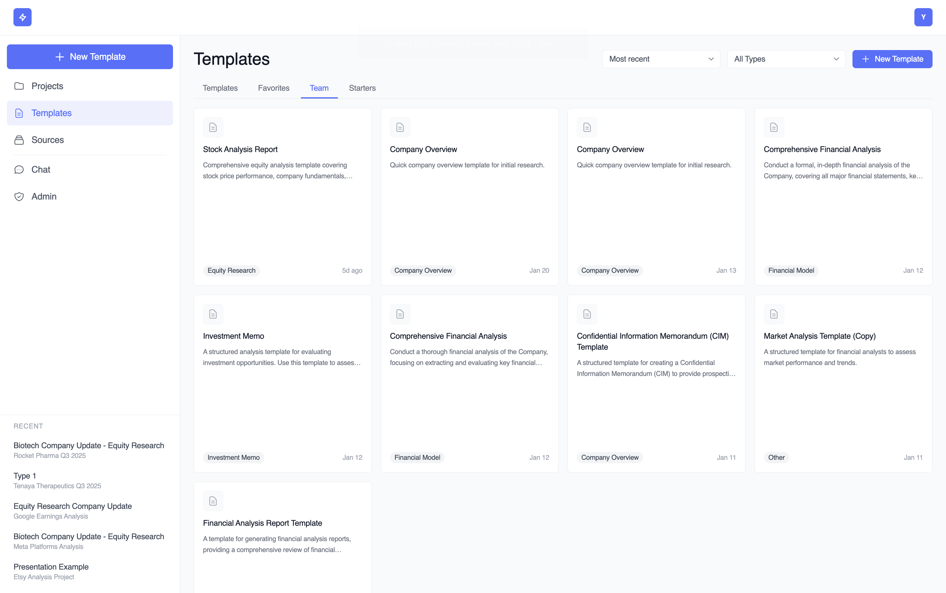 Templates library with team workflows and shared deliverable templates